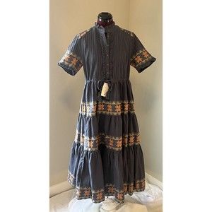 NWT IVY CITY CO Sz M Capri Dress Dusty Blue Embroidered